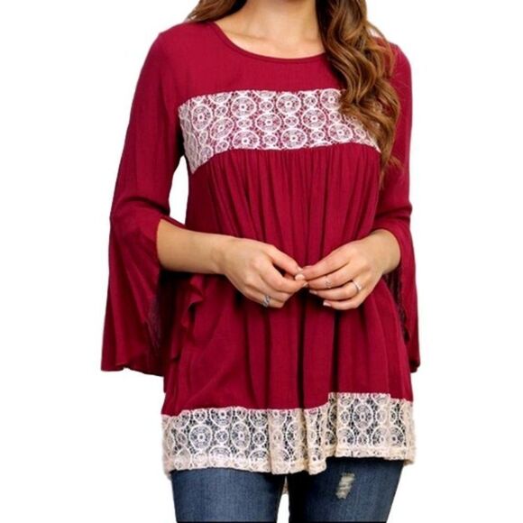 Mod Me Over Tops - Red Lace Trimmed  NEW Boho Beauty Tunic
